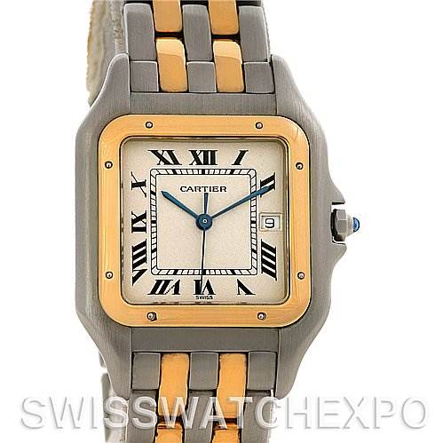 The image shows a front view of the Cartier Panthere W25028B6 Men's Steel and Gold (two tone) White Dial W25028B6 Men's Steel and Gold (two tone) White Dial watch, highlighting its face, bezel, and bracelet.
