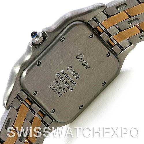 This image shows the back case and partial bracelet of a Cartier Panthere W25028B6 Men's Steel and Gold (two tone) White Dial W25028B6 Men's Steel and Gold (two tone) White Dial model watch.