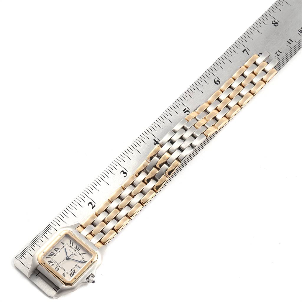 The image shows the face and band of a Cartier Panthere Steel and Gold (two tone) Silver Dial Steel and Gold (two tone) Silver Dial watch, measured with a ruler.