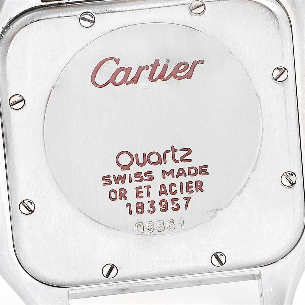 The image shows the back case of a Cartier Panthere Steel and Gold (two tone) Silver Dial Steel and Gold (two tone) Silver Dial watch, featuring engraving and screws.