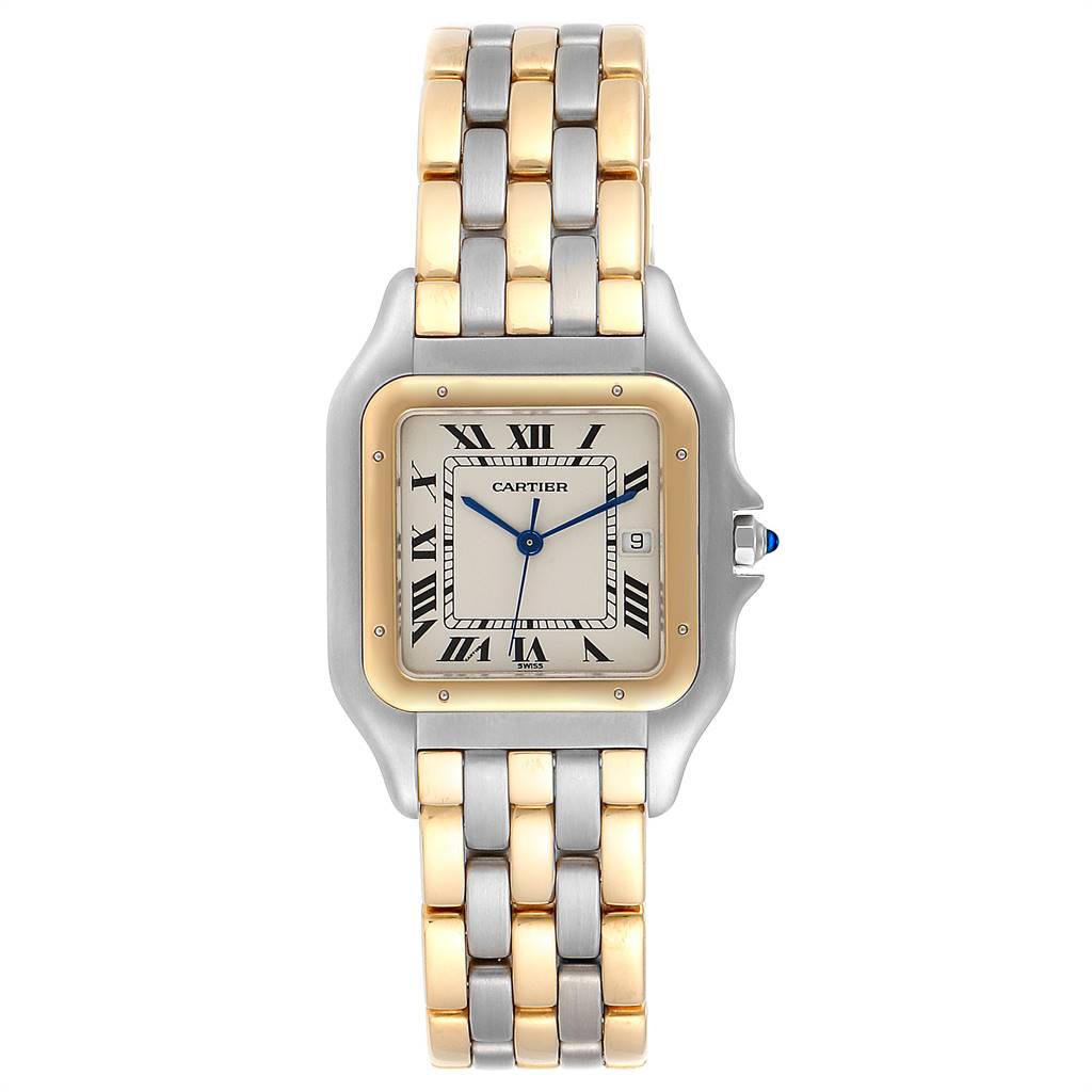 The image shows a front view of a Cartier Panthère watch, highlighting its gold and silver bracelet and square face with Roman numerals.