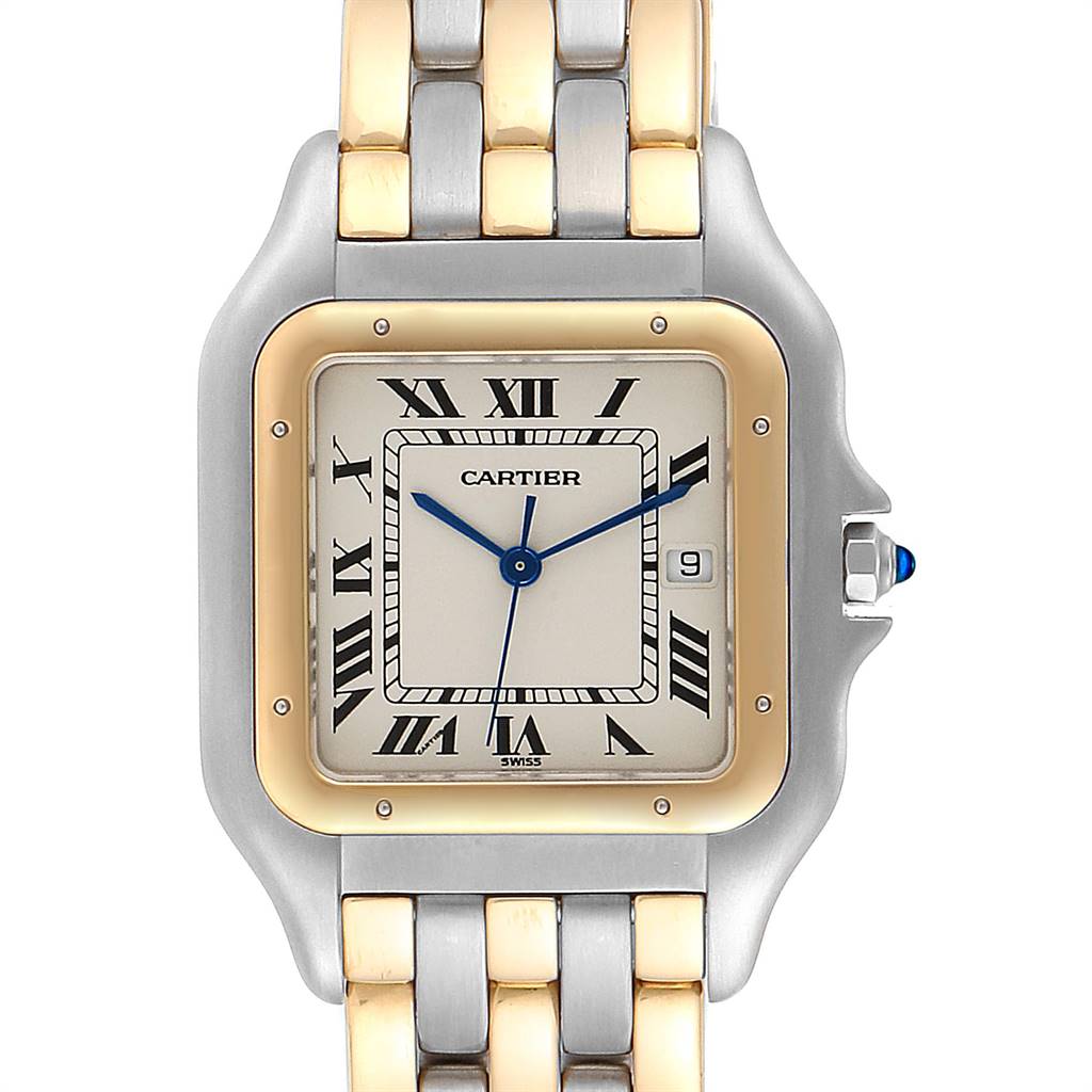 This is a close-up of the Panthere de Cartier watch showing the face, bezel, and bracelet.