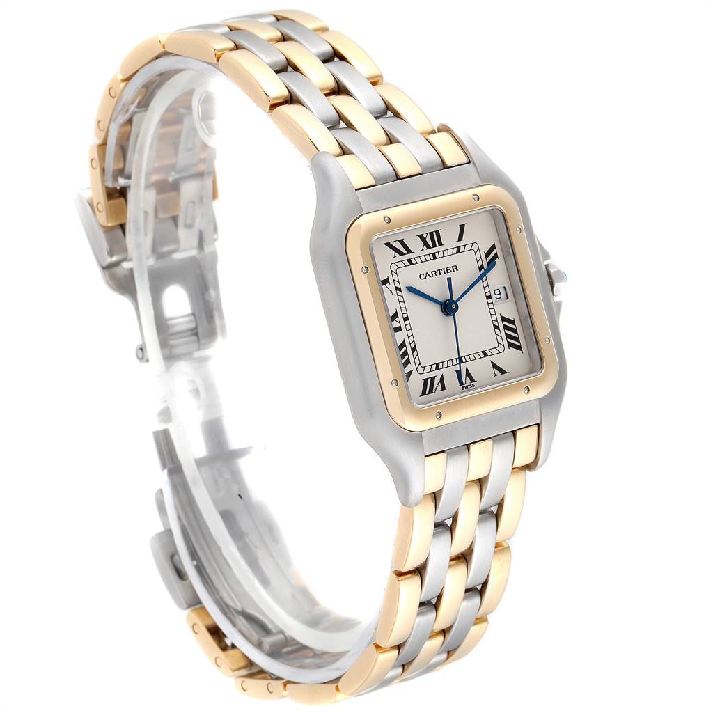 The image shows a Panthere model by Cartier at a side angle, highlighting the two-tone bracelet, square face, and Roman numeral dial.