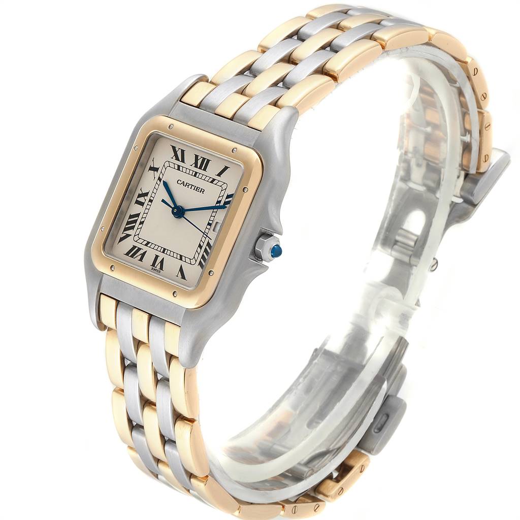 This Cartier Panthere Steel and Gold (two tone) Silver Dial Steel and Gold (two tone) Silver Dial model watch is shown from an angled side view, showcasing its two-tone bracelet, rectangular face, and dial.