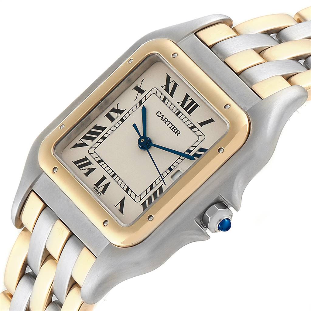 This image shows a close-up of a Cartier Panthere Steel and Gold (two tone) Silver Dial Steel and Gold (two tone) Silver Dial watch displaying its face, blue hands, Roman numerals, bezel, and two-tone bracelet.