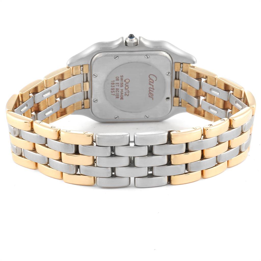 The image shows the back of a Cartier Panthere Steel and Gold (two tone) Silver Dial Steel and Gold (two tone) Silver Dial watch, highlighting its two-tone metal bracelet and case back.