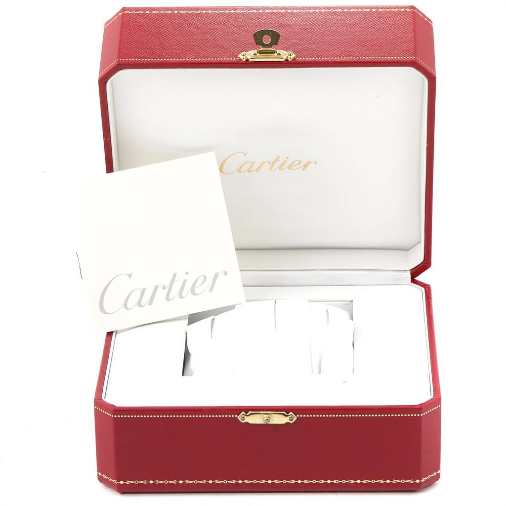 The image shows an open Cartier Panthere Steel and Gold (two tone) Silver Dial Steel and Gold (two tone) Silver Dial watch box, with a booklet inside, viewed from the front.