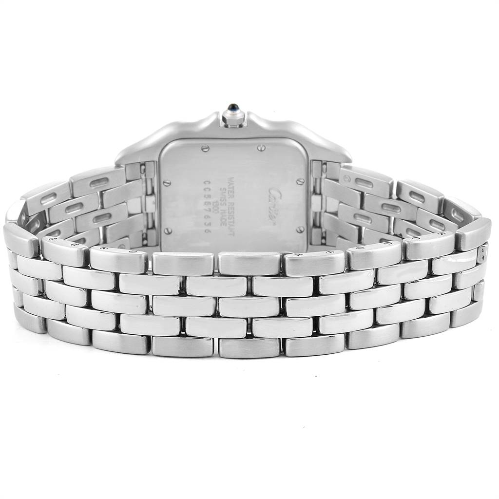 This image shows the back view of a Cartier Panthere W25032P5 Men's Stainless Steel Silver Dial W25032P5 Men's Stainless Steel Silver Dial model watch, highlighting the bracelet and case back.