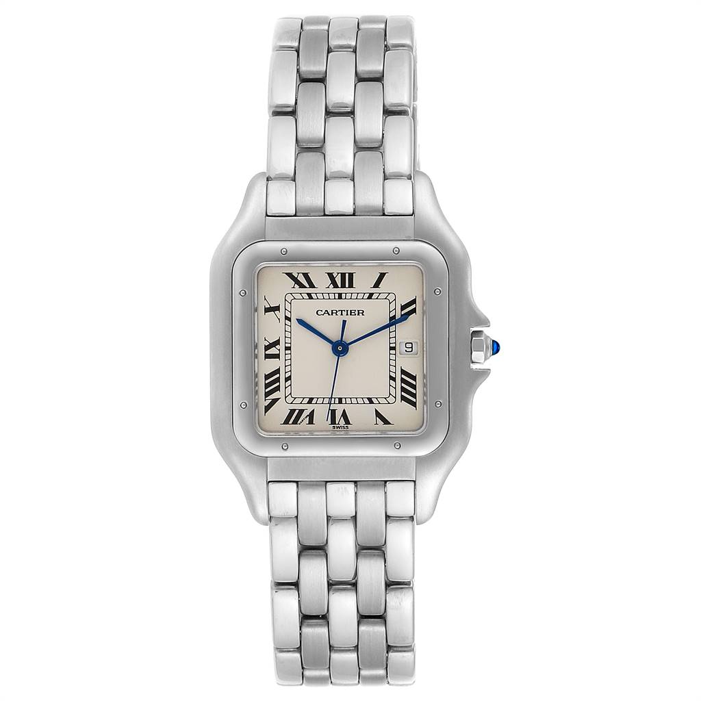 This image shows a front view of a Cartier Panthere W25032P5 Men's Stainless Steel Silver Dial W25032P5 Men's Stainless Steel Silver Dial watch, displaying its face, dial, hands, and bracelet.