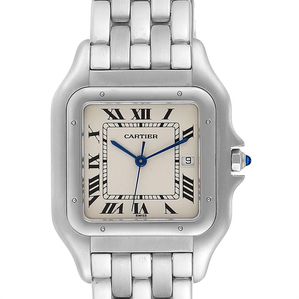 The image shows a front view of a Cartier Panthère watch, highlighting the face, bezel, crown, and part of the bracelet.