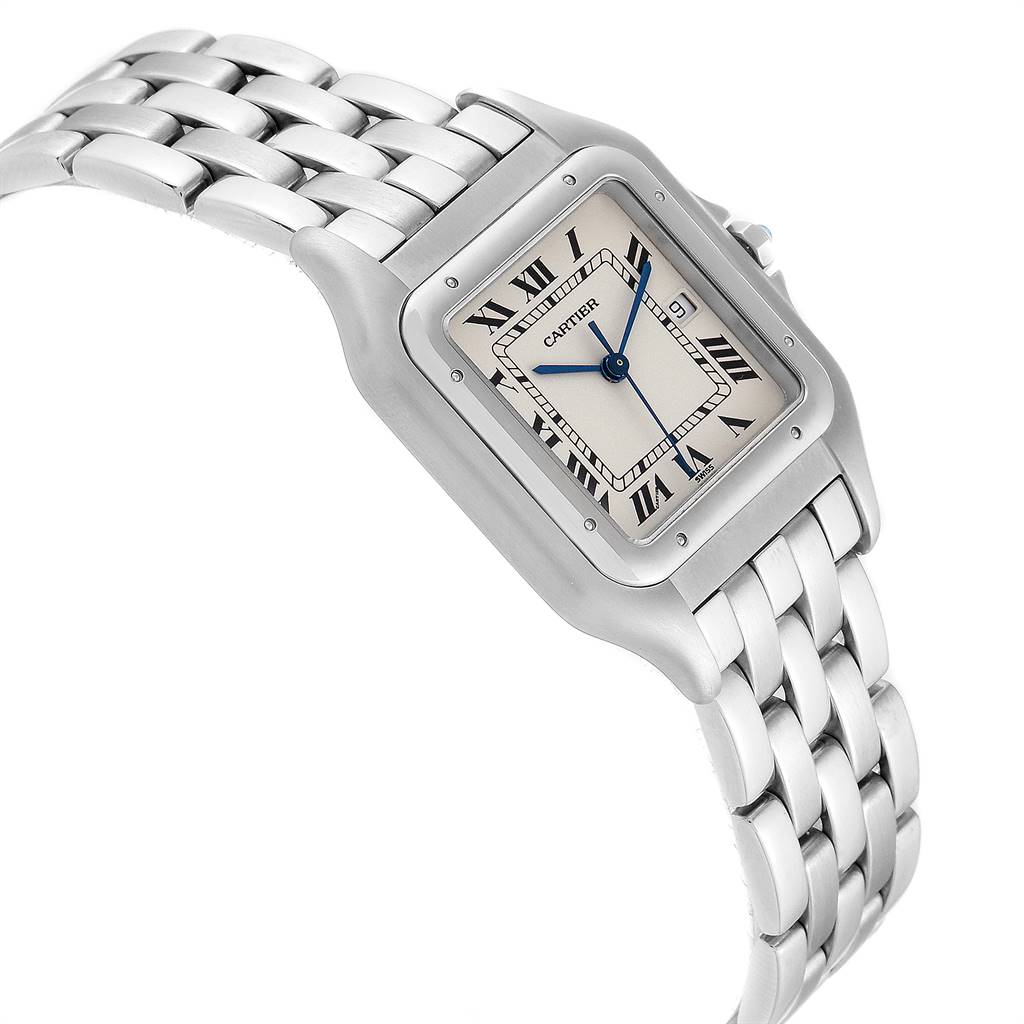 The Cartier Panthere W25032P5 Men's Stainless Steel Silver Dial W25032P5 Men's Stainless Steel Silver Dial watch is shown at an angled top view, highlighting the square face and stainless steel bracelet.