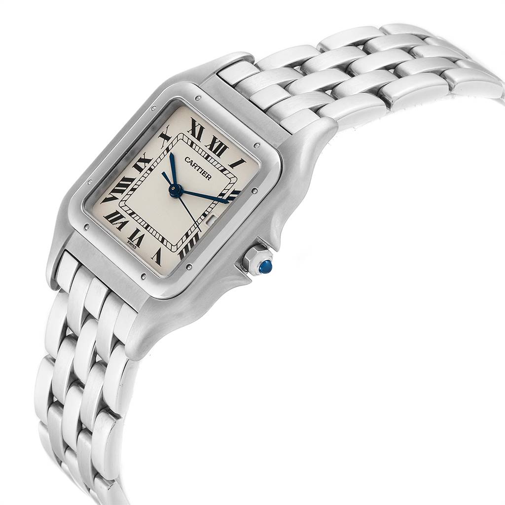 The Cartier Panthere W25032P5 Men's Stainless Steel Silver Dial W25032P5 Men's Stainless Steel Silver Dial watch is shown from an angle highlighting its face, crown, and part of the bracelet.