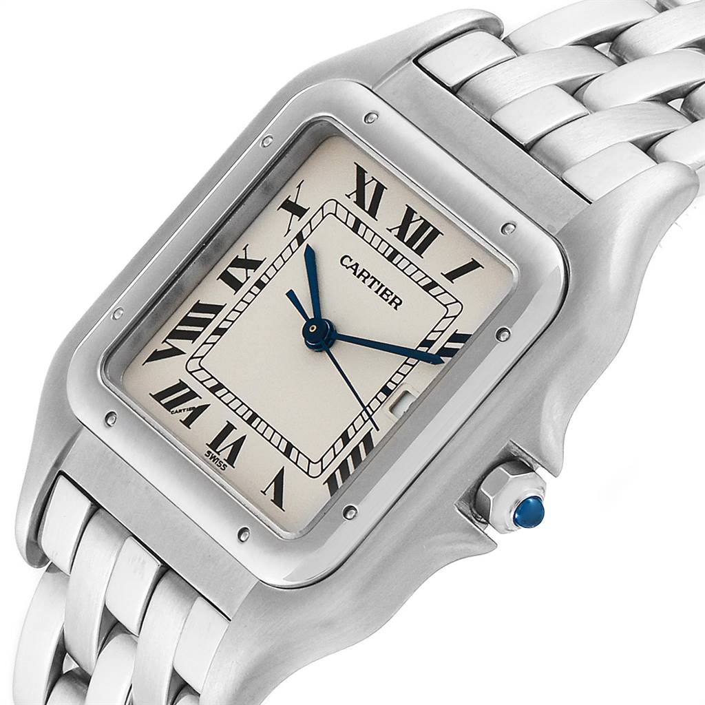 This image shows a Cartier Panthere W25032P5 Men's Stainless Steel Silver Dial W25032P5 Men's Stainless Steel Silver Dial model watch from a front-angle view, highlighting the watch face, bezel, and part of the bracelet.