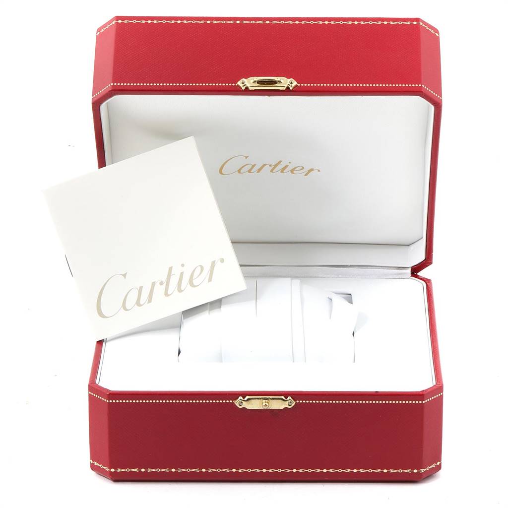 The image shows a Cartier Panthere W25032P5 Men's Stainless Steel Silver Dial W25032P5 Men's Stainless Steel Silver Dial watch in its opened red case with a Cartier booklet.
