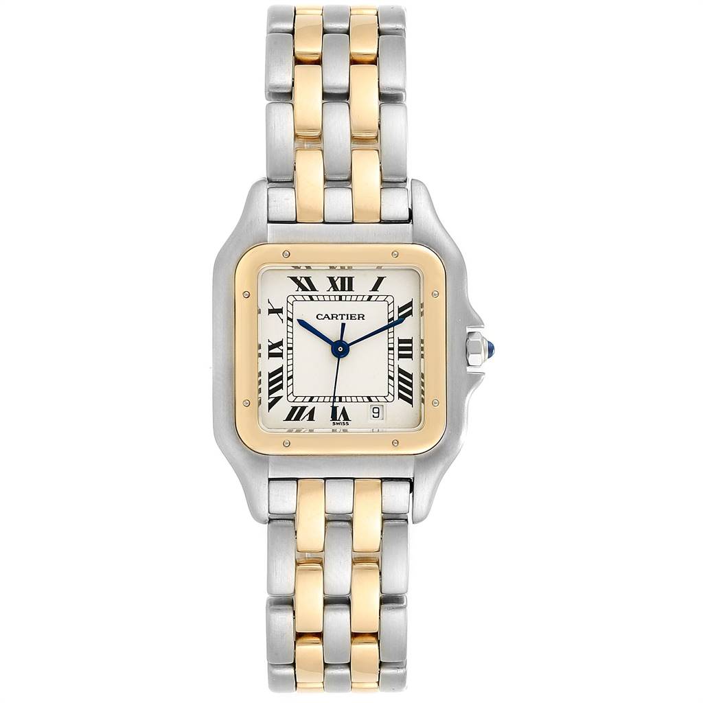 This image shows a front view of a Panthere model by Cartier, highlighting its two-tone metal bracelet and square face with Roman numerals.