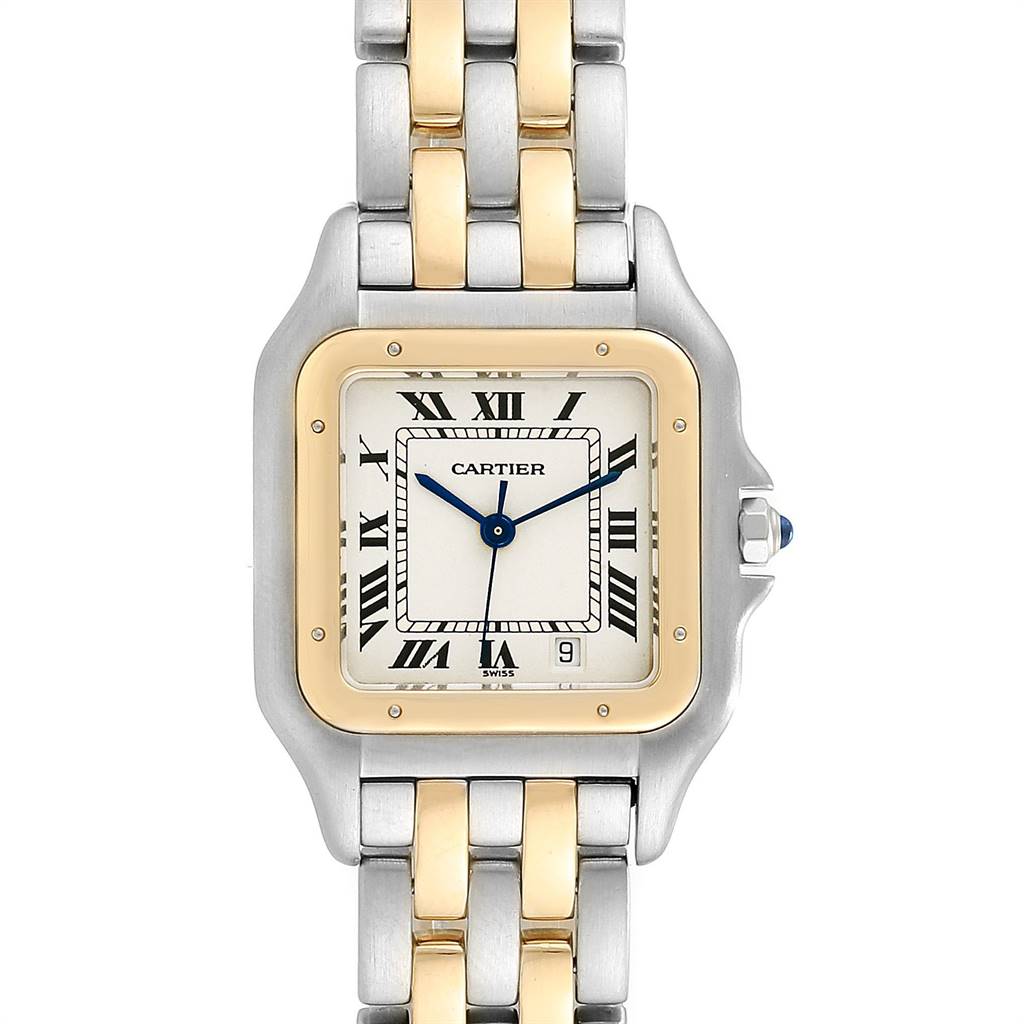 This image shows a front view of a Cartier Panthere W25028B8 Steel and Gold (two tone) White Dial W25028B8 Steel and Gold (two tone) White Dial watch displaying its dial, bezel, and dual-tone bracelet.