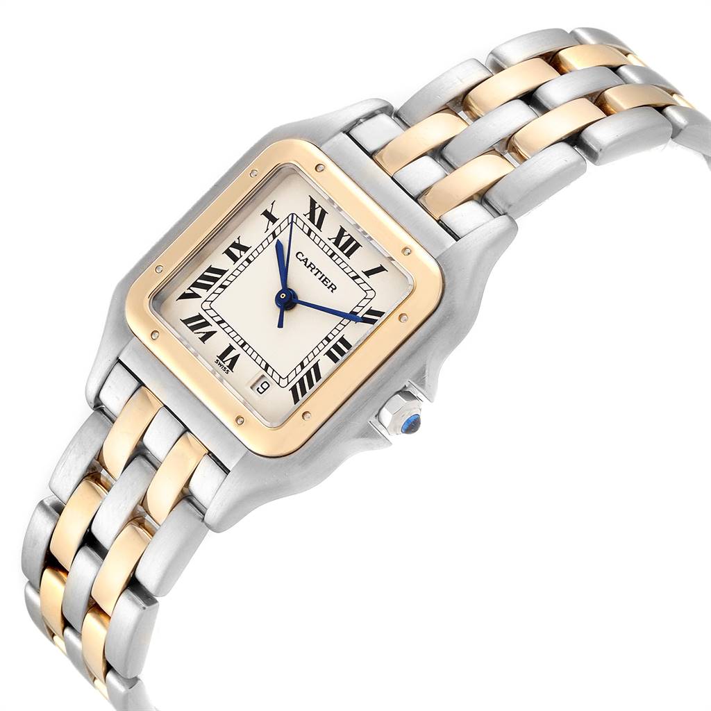 The image shows a Cartier Panthere W25028B8 Steel and Gold (two tone) White Dial W25028B8 Steel and Gold (two tone) White Dial watch from an angled top-down view, highlighting the face, bezel, and bracelet.
