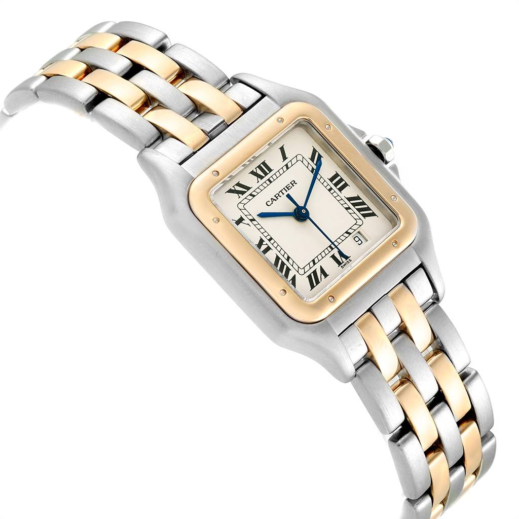 The image shows a tilted view of the Cartier Panthère watch, highlighting its two-tone bracelet and square dial with Roman numerals.