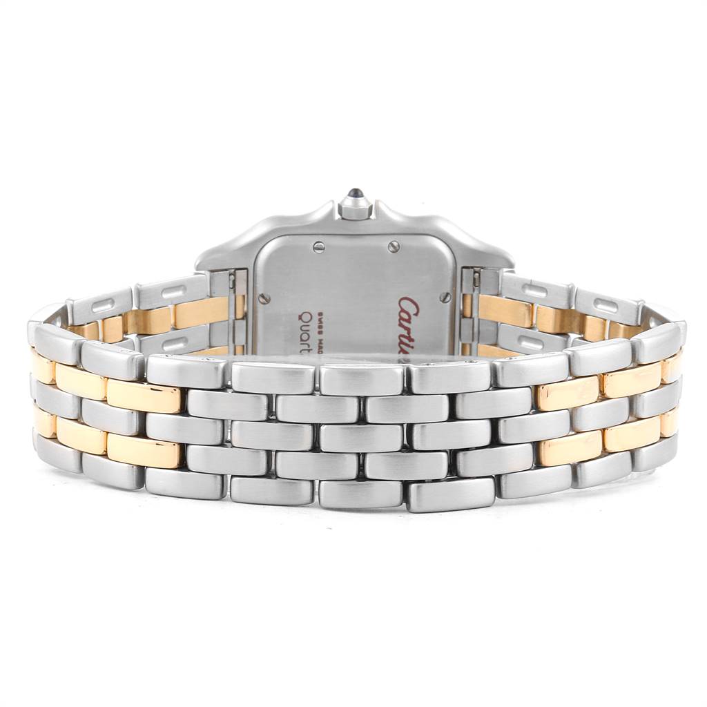 This image shows the back view of the Cartier Panthere W25028B8 Steel and Gold (two tone) White Dial W25028B8 Steel and Gold (two tone) White Dial watch, highlighting its stainless steel and gold bracelet.