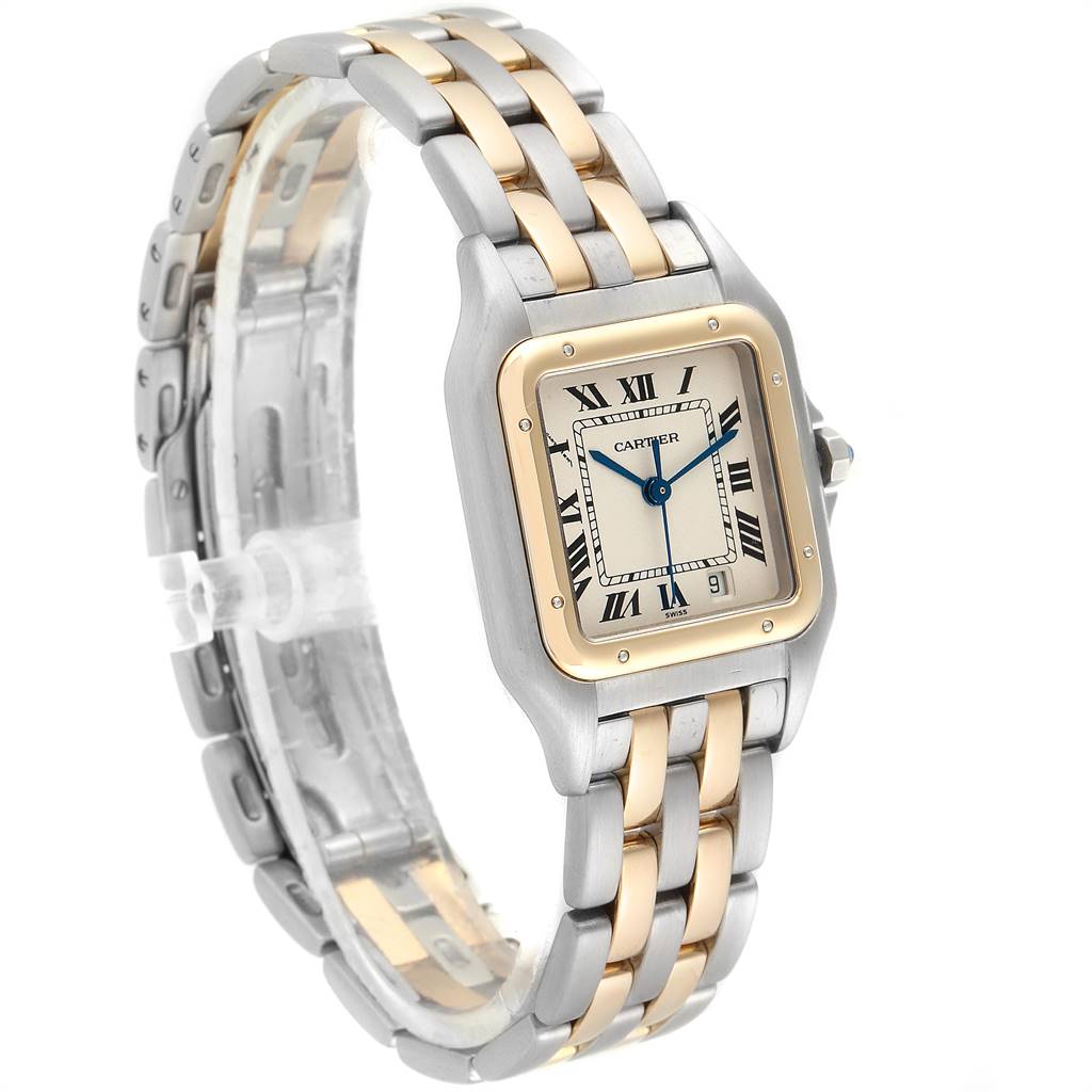 The image shows a side angle view of the Cartier Panthere W25028B8 Steel and Gold (two tone) White Dial W25028B8 Steel and Gold (two tone) White Dial watch, showcasing its face, bezel, and dual-tone bracelet.