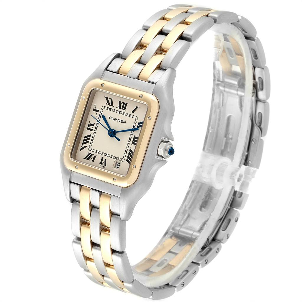 The image shows a Cartier Panthere W25028B8 Steel and Gold (two tone) White Dial W25028B8 Steel and Gold (two tone) White Dial watch at a slight angle, highlighting its dual-tone bracelet and square face.