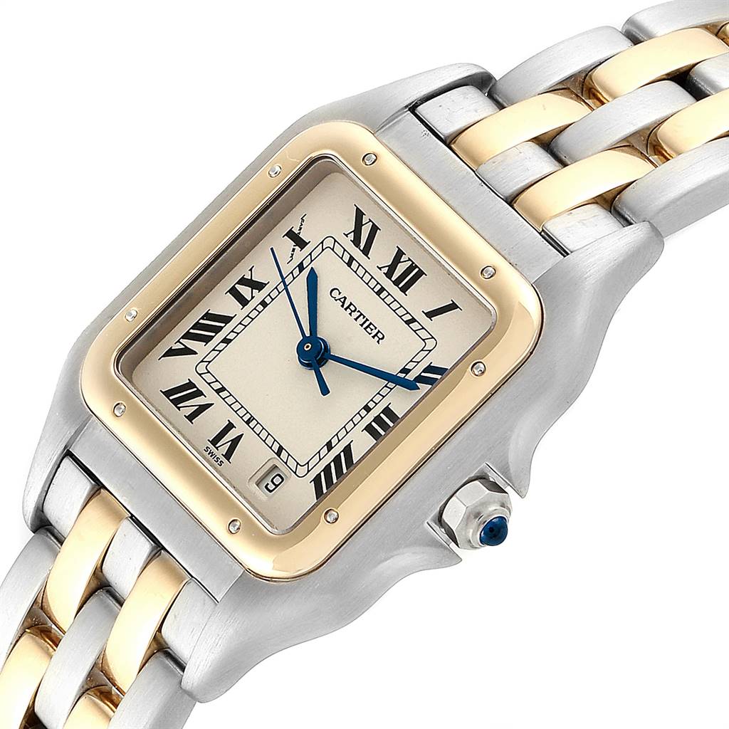 The image shows a close-up view of a Cartier Panthere W25028B8 Steel and Gold (two tone) White Dial W25028B8 Steel and Gold (two tone) White Dial model watch, featuring the face, bezel, band, and crown.