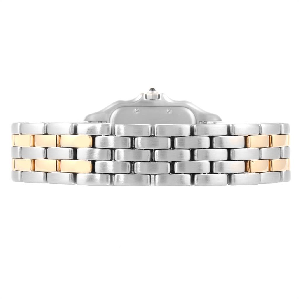 The image shows the bracelet of a Cartier Panthère watch, highlighting its two-tone metal links from a straight-on angle.