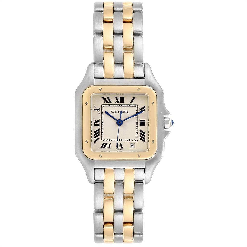 This image shows a front view of a Cartier Panthere W25028B8 Steel and Gold (two tone) White Dial W25028B8 Steel and Gold (two tone) White Dial watch, highlighting its two-tone bracelet and square face with Roman numerals.