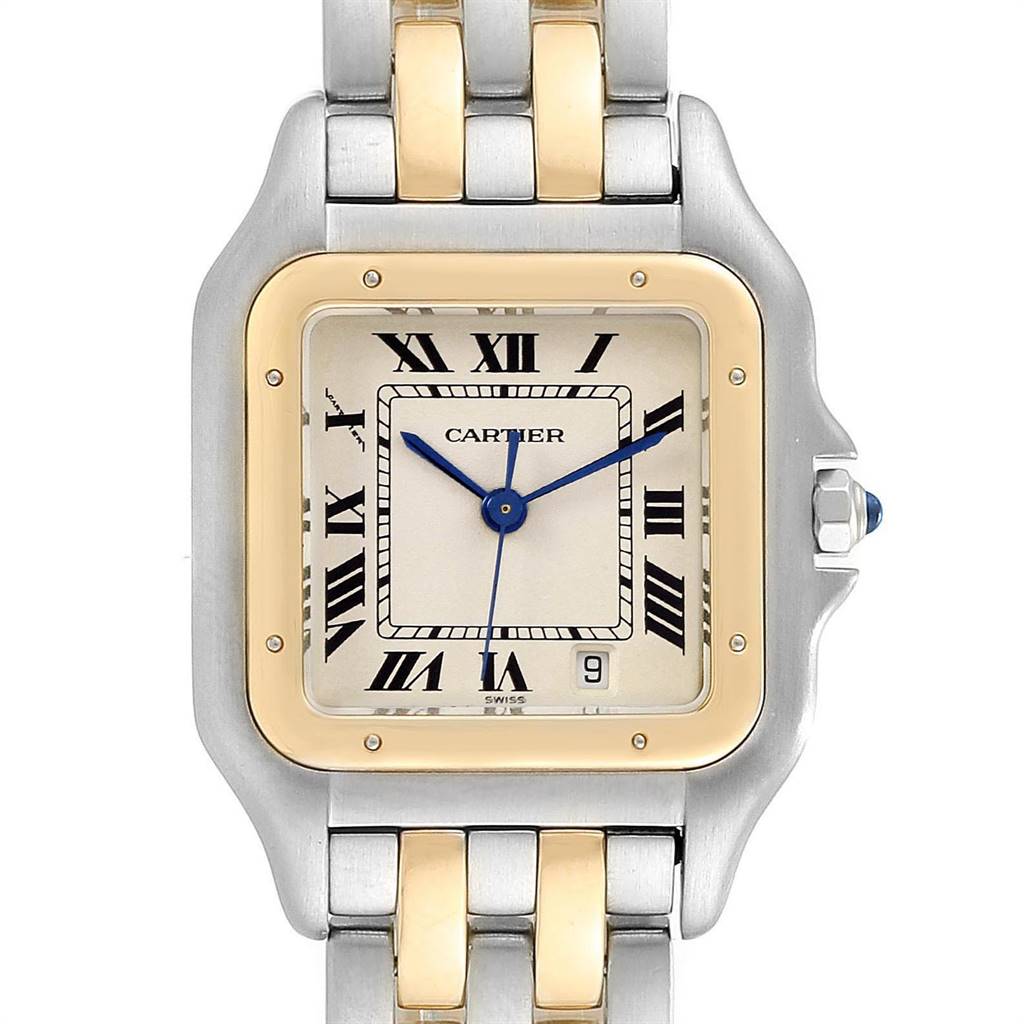The image shows the face and part of the bracelet of a Cartier Panthere W25028B8 Steel and Gold (two tone) White Dial W25028B8 Steel and Gold (two tone) White Dial model watch, highlighting the dial and bezel.