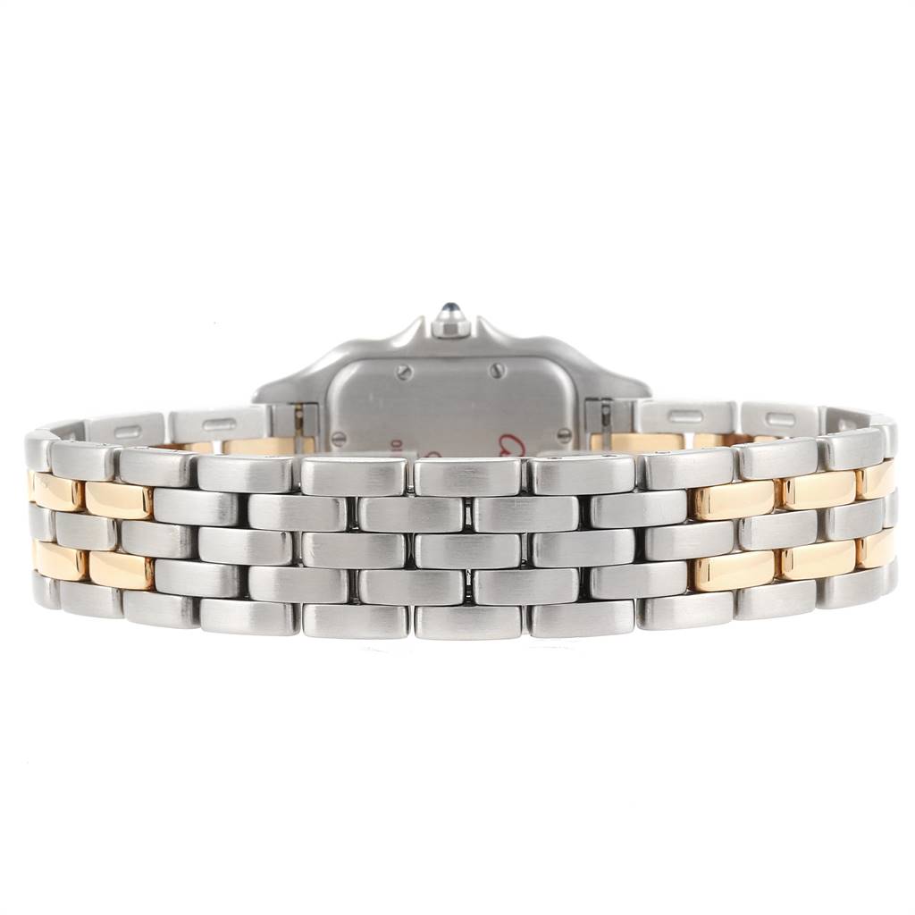 The image shows the back view of a Cartier Panthere W25028B8 Steel and Gold (two tone) White Dial W25028B8 Steel and Gold (two tone) White Dial watch, focusing on the two-tone metal bracelet.