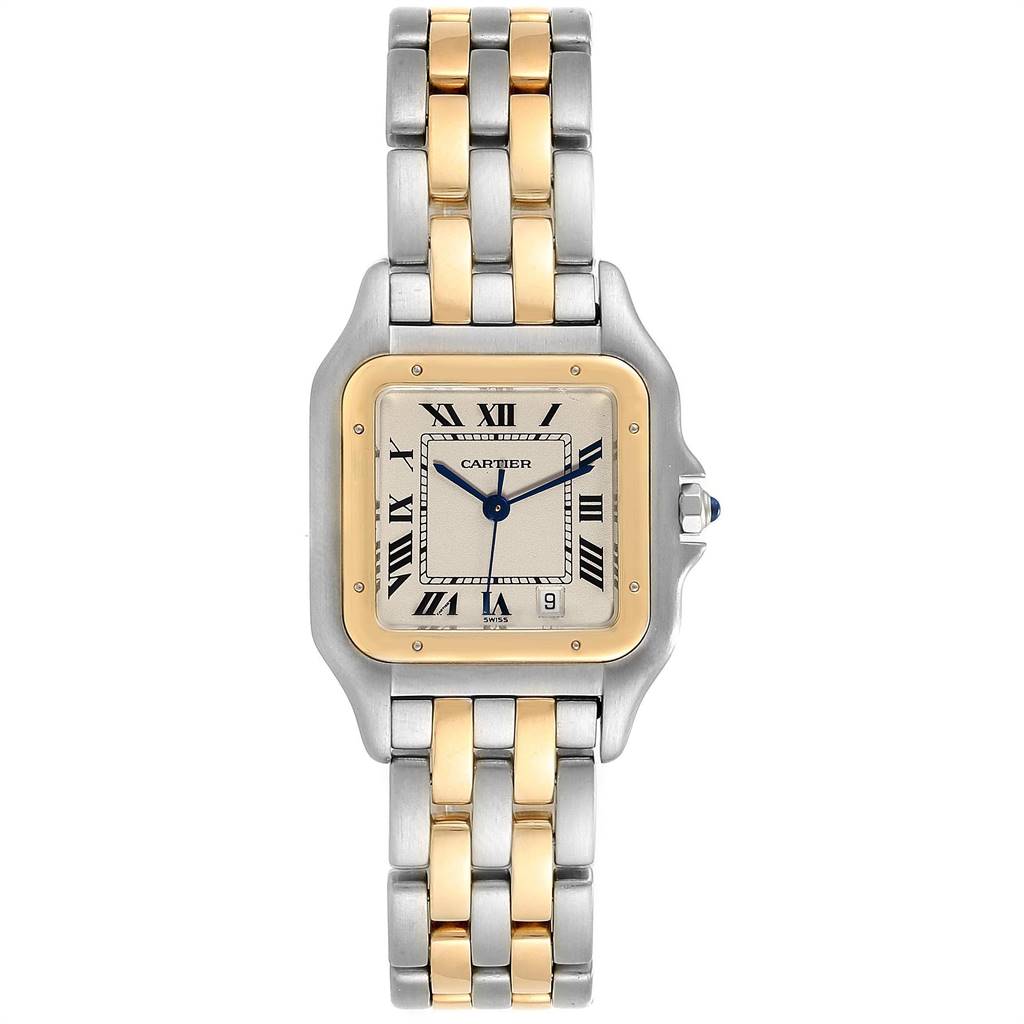 The image shows a front view of the Cartier Panthere W25028B8 Steel and Gold (two tone) White Dial W25028B8 Steel and Gold (two tone) White Dial watch, highlighting its dial, bezel, bracelet, and crown.