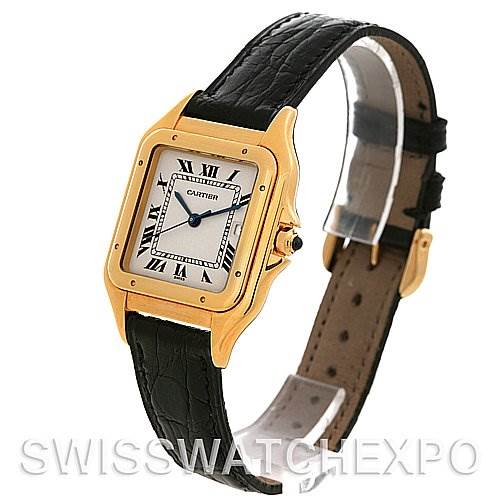 The image shows a front angle of a Cartier Panthere Yellow Gold White Dial Yellow Gold White Dial watch, highlighting its rectangular gold case, white dial, and black leather strap.