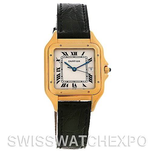 This image shows the front view of a Cartier Panthere Yellow Gold White Dial Yellow Gold White Dial watch with a gold case, black leather strap, and Roman numeral dial.