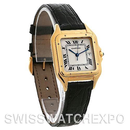The image shows a side angle of the Cartier Panthere Yellow Gold White Dial Yellow Gold White Dial watch, highlighting the face, black leather strap, and gold case.