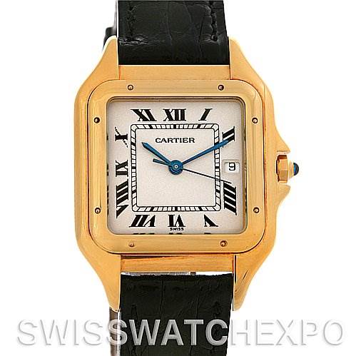 The image showcases a Cartier Panthère watch from a front angle, highlighting its square gold case, Roman numeral dial, and leather strap.