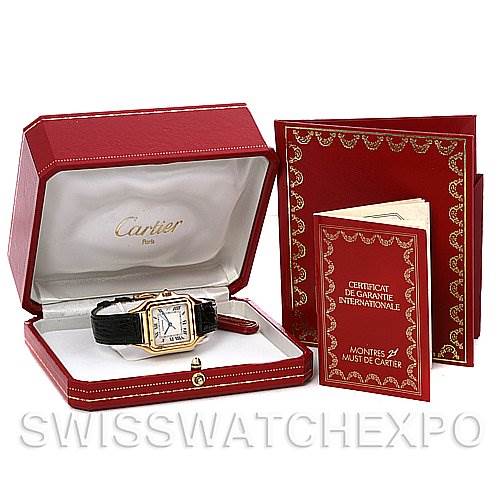 The Cartier Panthere Yellow Gold White Dial Yellow Gold White Dial watch is displayed in an open red box with its certificate and manual beside it.
