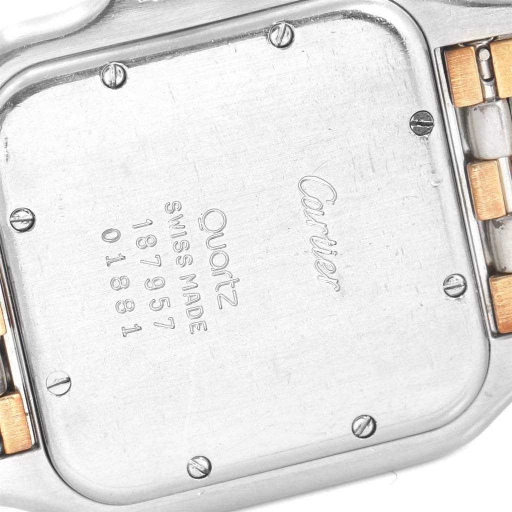 The image shows the back case of a Cartier Panthere Steel and Gold (two tone) Beige Dial Steel and Gold (two tone) Beige Dial watch, displaying the model details and part of the bracelet.