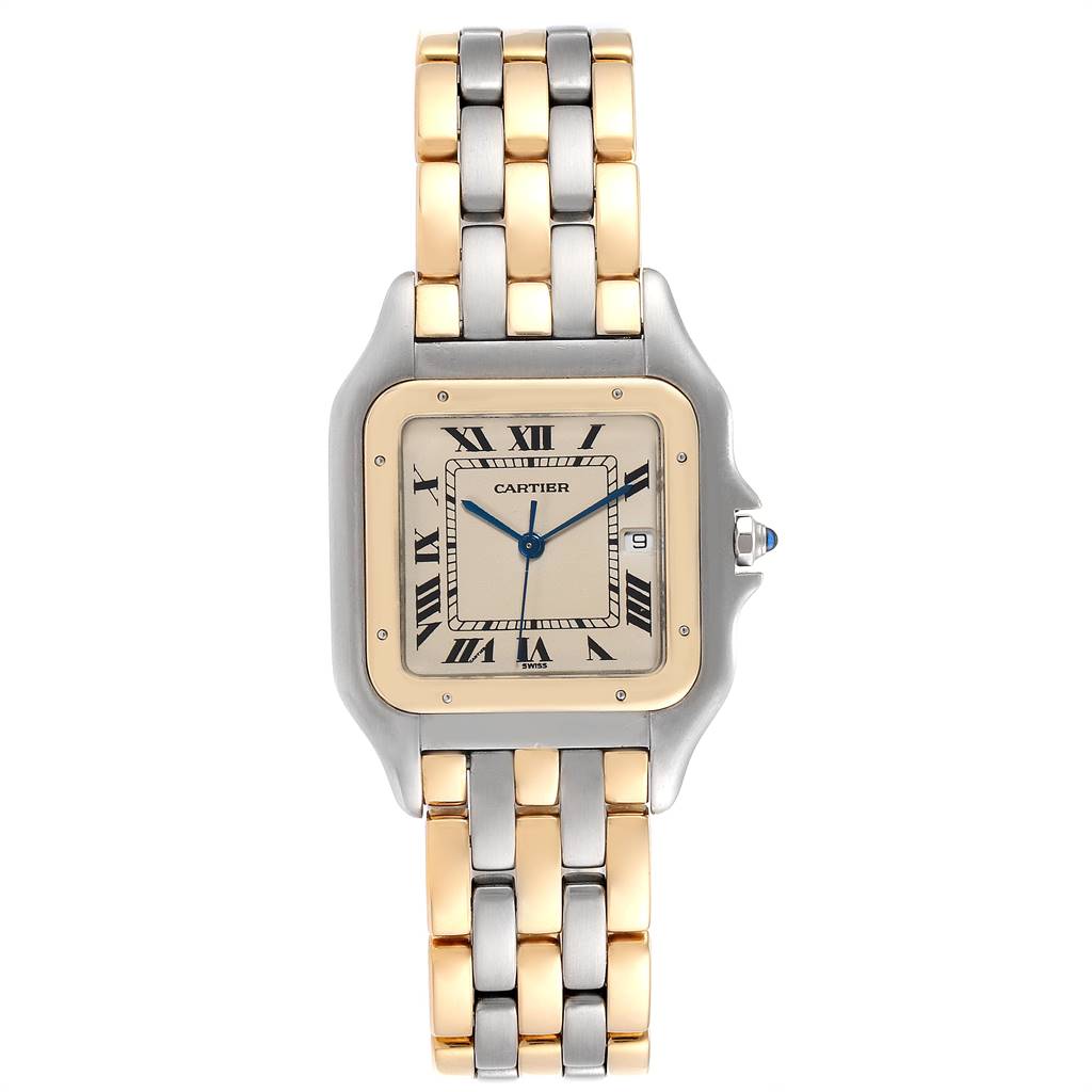 The image shows a front view of the Cartier Panthère model, highlighting its bicolored bracelet and square face with Roman numerals.