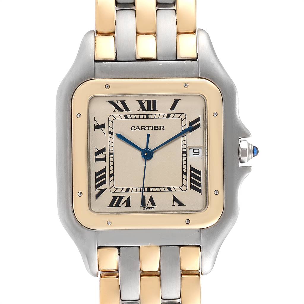The image shows a close-up view of the face and partial bracelet of a Cartier Panthere Steel and Gold (two tone) Beige Dial Steel and Gold (two tone) Beige Dial watch, highlighting its design elements.