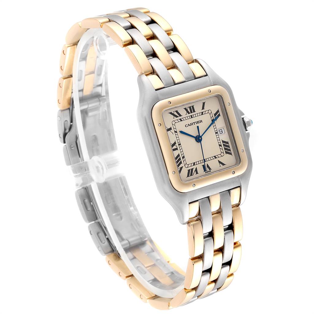 The image shows a Cartier Panthere Steel and Gold (two tone) Beige Dial Steel and Gold (two tone) Beige Dial watch at a slight left-side angle, highlighting the face and two-tone metal band.