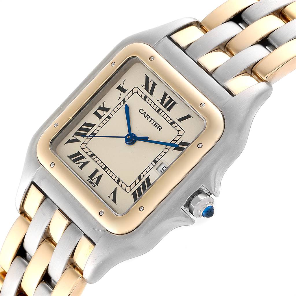 The image shows a close-up view of the Cartier Panthere Steel and Gold (two tone) Beige Dial Steel and Gold (two tone) Beige Dial watch face and part of the two-tone bracelet.