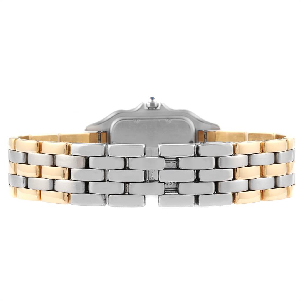 The image shows the back view of a Cartier Panthere Steel and Gold (two tone) Beige Dial Steel and Gold (two tone) Beige Dial model watch, focusing on its two-tone bracelet.