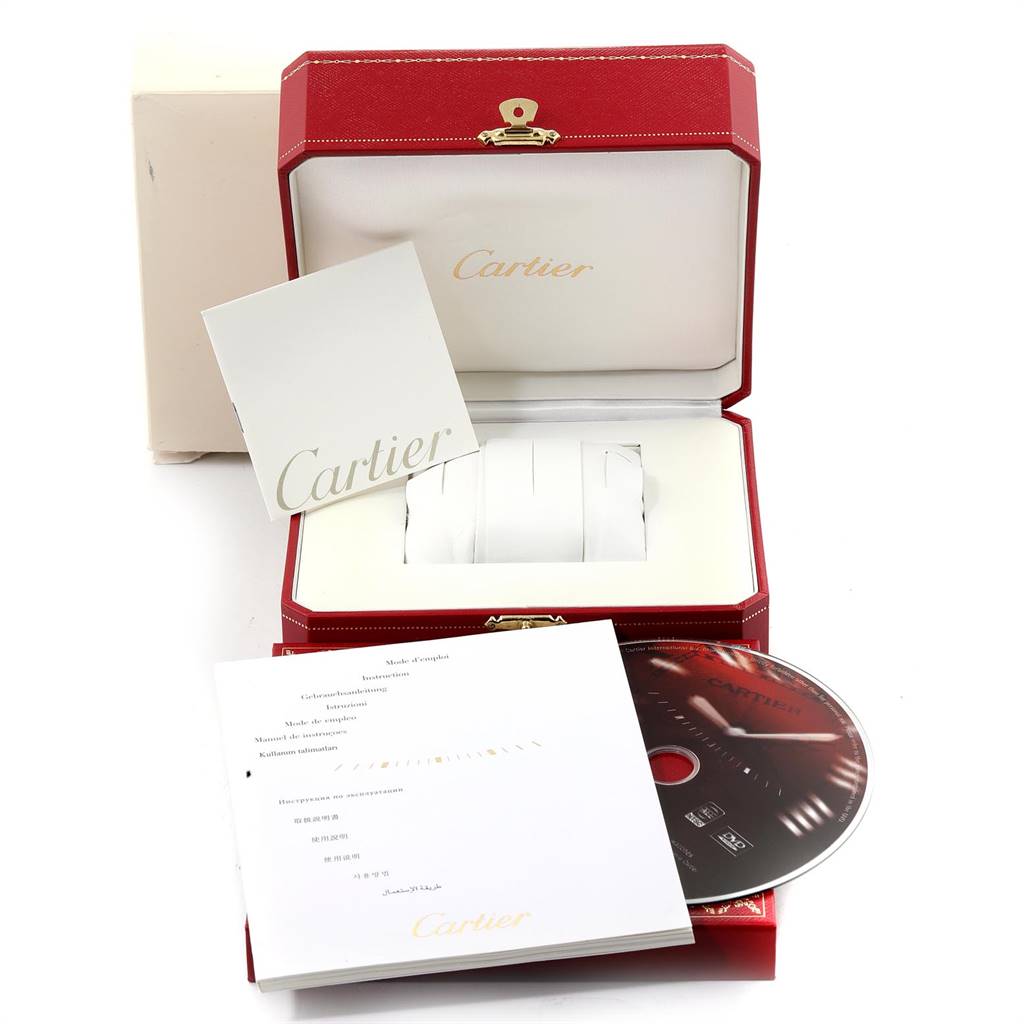 The image shows packaging and accessories for the Cartier Panthere Steel and Gold (two tone) Beige Dial Steel and Gold (two tone) Beige Dial watch, including a box, manual, and CD from a front angle.
