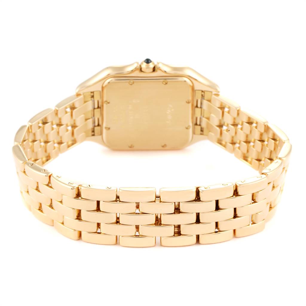 The image shows the back and bracelet of the Cartier Panthere W25014B9 Men's Yellow Gold Silver Dial W25014B9 Men's Yellow Gold Silver Dial watch in gold, viewed from a rear angle.