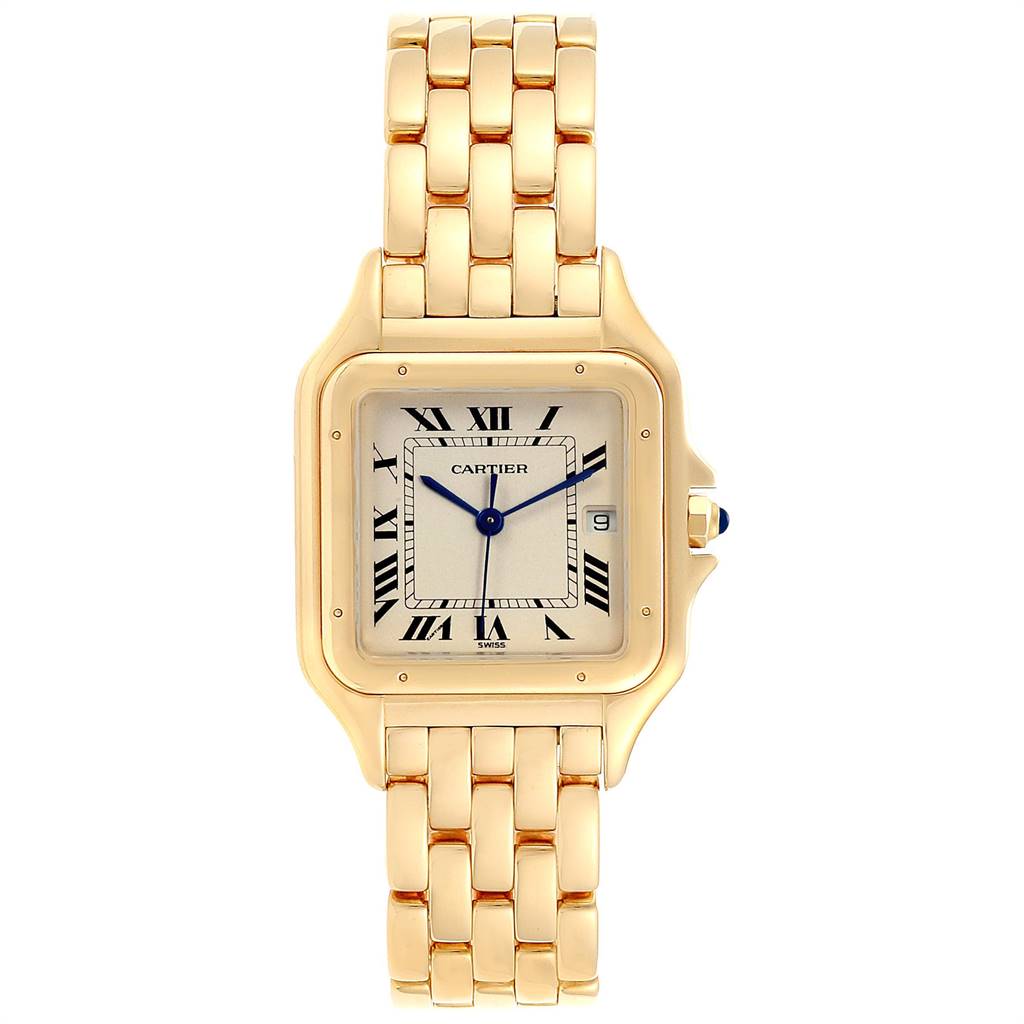 The image shows a Cartier Panthere W25014B9 Men's Yellow Gold Silver Dial W25014B9 Men's Yellow Gold Silver Dial model watch from a front angle, highlighting its gold case, bracelet, and dial with Roman numerals.