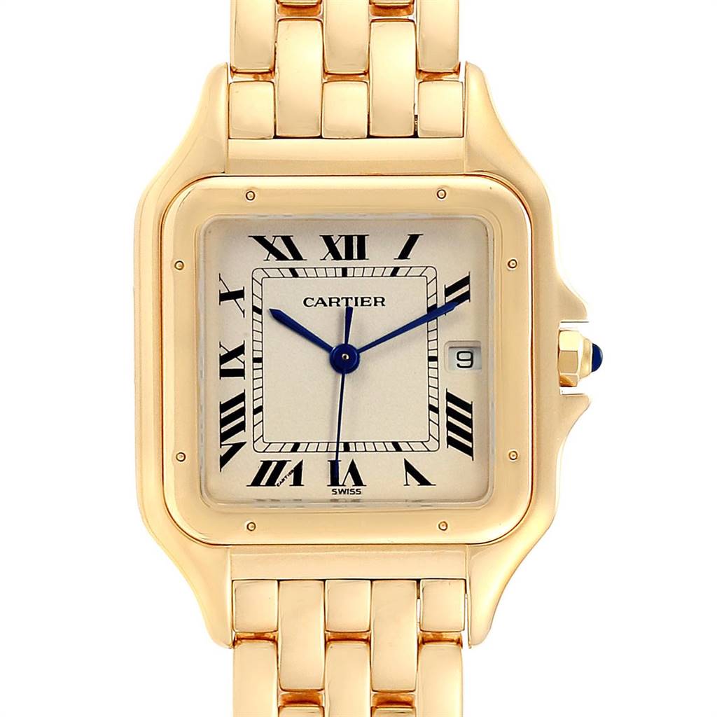 The image shows a frontal view of the Cartier Panthère watch, highlighting its gold case, bracelet, and Roman numeral dial.