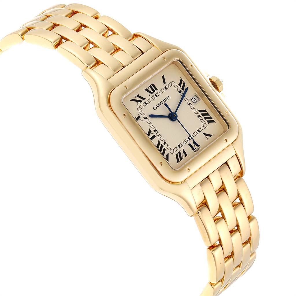 Displayed at an angle, the Cartier Panthere W25014B9 Men's Yellow Gold Silver Dial W25014B9 Men's Yellow Gold Silver Dial watch shows its face, Roman numerals, and gold bracelet.