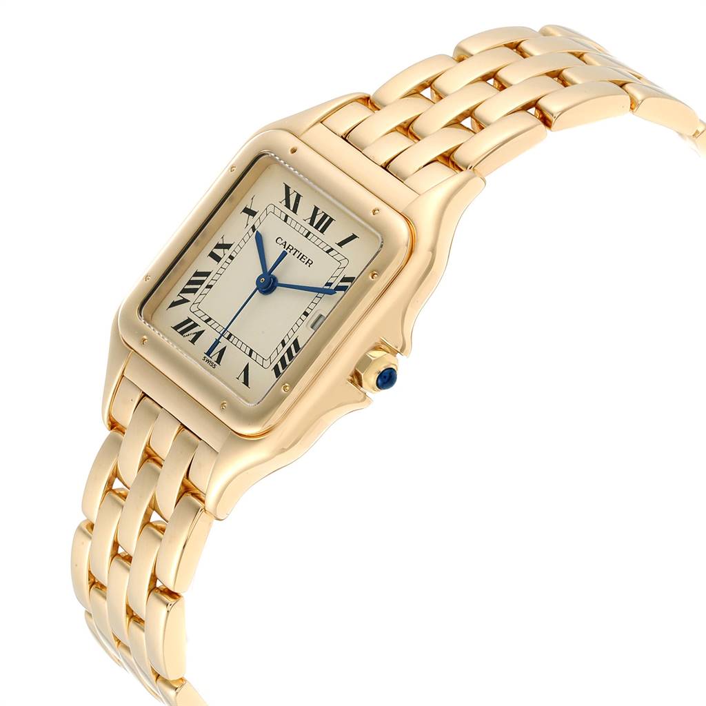 The image shows a Panthère de Cartier watch, angled to display its gold bracelet, square case, Roman numeral dial, and sapphire crown.