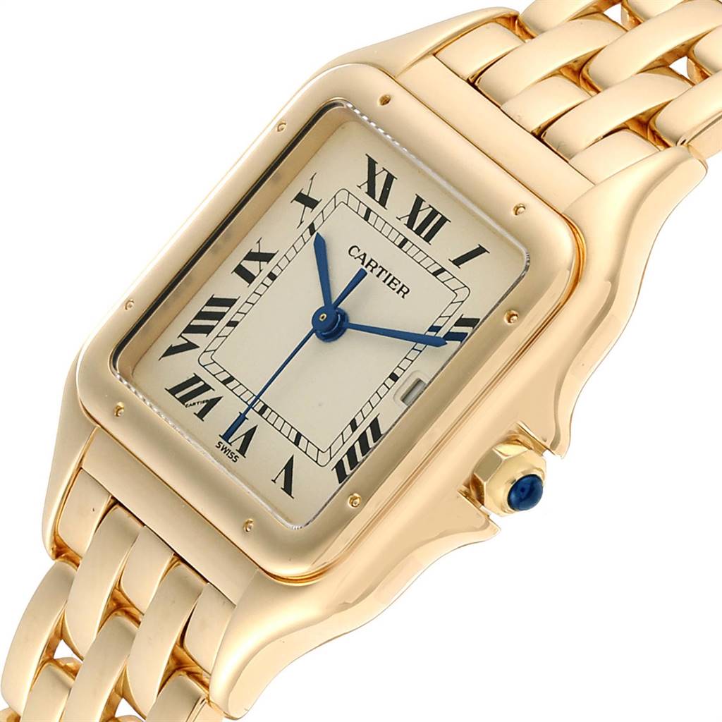 The image shows a close-up angle of the Cartier Panthère watch, highlighting its rectangular face, bracelet, and crown.