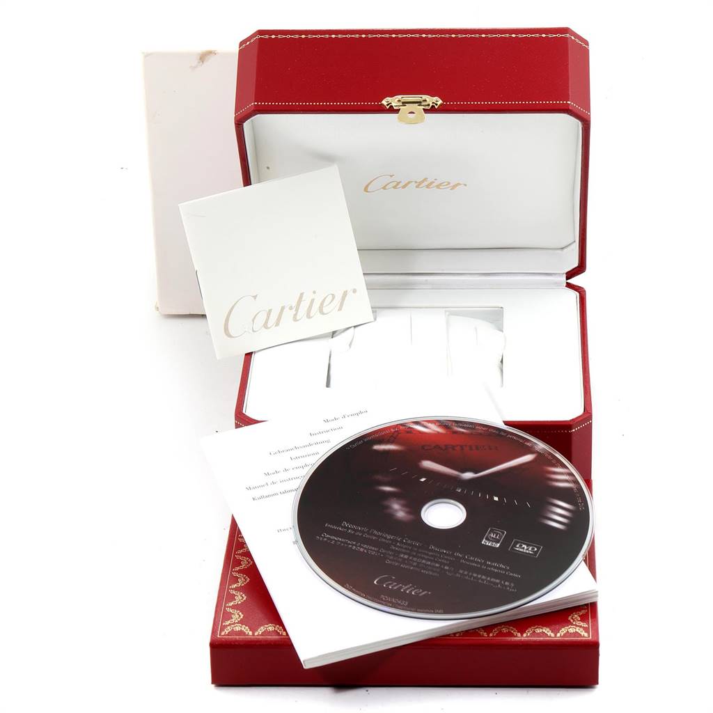 The image shows a Cartier Panthere W25014B9 Yellow Gold Blue Dial W25014B9 Yellow Gold Blue Dial watch box, with booklets, and a CD, viewed from a front angle.